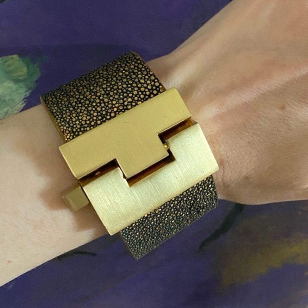 Leighelena Stingray Leather Jigsaw Cuff Bracelet Gold-Black-Brown